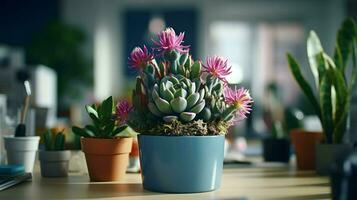 AI generated Flower pot on a office desk, succulent cactus vase, Generative AI photo