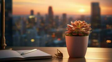 ai generado flor maceta en un oficina escritorio, suculento cactus florero, generativo ai foto