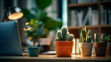 AI generated Flower pot on a office desk, succulent cactus vase, Generative AI photo