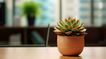 AI generated Flower pot on a office desk, succulent cactus vase, Generative AI photo