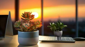 AI generated Flower pot on a office desk, succulent cactus vase, Generative AI photo