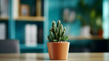 ai generado flor maceta en un oficina escritorio, suculento cactus florero, generativo ai foto