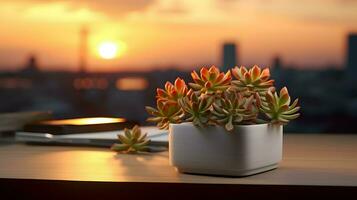 AI generated Flower pot on a office desk, succulent cactus vase, Generative AI photo