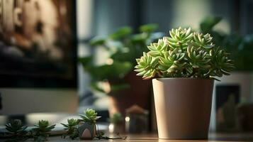 ai generado flor maceta en un oficina escritorio, suculento cactus florero, generativo ai foto