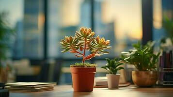 AI generated Flower pot on a office desk, succulent cactus vase, Generative AI photo