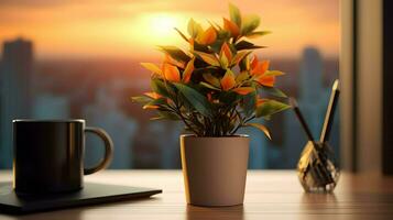 AI generated Flower pot on a office desk, succulent cactus vase, Generative AI photo