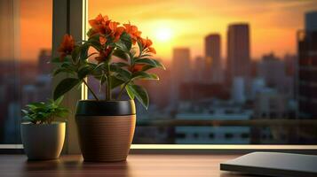 AI generated Flower pot on a office desk, succulent cactus vase, Generative AI photo