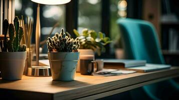 AI generated Flower pot on a office desk, succulent cactus vase, Generative AI photo