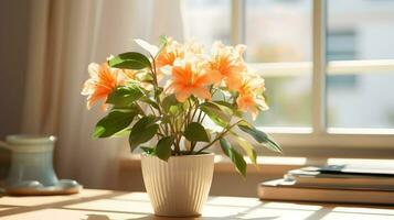 ai generado flor maceta en un oficina escritorio, suculento cactus florero, generativo ai foto