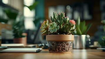 ai generado flor maceta en un oficina escritorio, suculento cactus florero, generativo ai foto