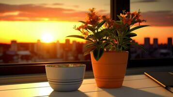 AI generated Flower pot on a office desk, succulent cactus vase, Generative AI photo