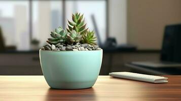 AI generated Flower pot on a office desk, succulent cactus vase, Generative AI photo