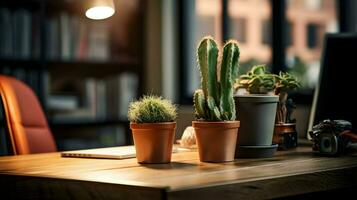 ai generado flor maceta en un oficina escritorio, suculento cactus florero, generativo ai foto