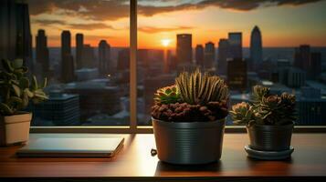 ai generado flor maceta en un oficina escritorio, suculento cactus florero, generativo ai foto