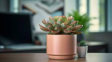 AI generated Flower pot on a office desk, succulent cactus vase, Generative AI photo