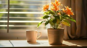 ai generado flor maceta en un oficina escritorio, suculento cactus florero, generativo ai foto
