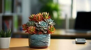 AI generated Flower pot on a office desk, succulent cactus vase, Generative AI photo