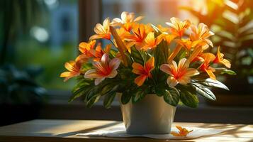 ai generado flor maceta en un oficina escritorio, suculento cactus florero, generativo ai foto