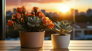 AI generated Flower pot on a office desk, succulent cactus vase, Generative AI photo