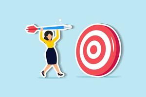 Courage or ambition to reach goal, business challenge or aiming for target, achievement, reach target bullseye, aspiration, objective or purpose concept, courage businesswoman jump to hit target. vector