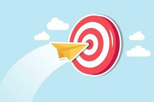 Business goal or target, challenge or improvement to achieve success, win business competition or motivation concept, paper plane origami flying through dartboard or archer bullseye target. vector