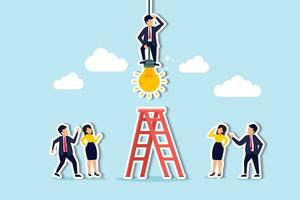 Initiative idea, leader or ambition to act to get solution and solve problem, courage to success or motivation and challenge concept, businessman initiate solution climb up lightbulb to get solution. vector