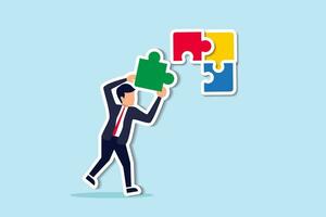 Solve problem or solution to achieve business success, decision, creativity or skill to overcome difficulty and finish work concept, smart businessman solving jigsaw puzzle problem. vector