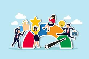 Employee engagement, commitment or motivation to success with company, staff dedication or job satisfaction, productivity or employee recognition, business people employee with stars and happy reward. vector