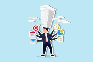 Busy work and multitasking employee, hurry to finish many documents within deadline and schedule, overworked or exhausted from overload tasks concept, stressful businessman carry busy work to finish. vector