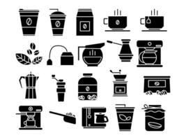 café y té icono paquete glifo estilo. bebida equipo para cafeterías y restaurantes vector