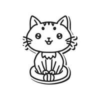 Whimsical black and white illustration of a cat, perfect for coloring, line drawing style vector