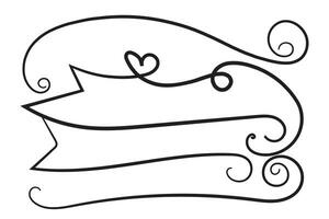 Hand drawn curly hearts scroll Line Calligraphic writing outline ribbon, calligraphy lettering poster useful valentine day, blank space writing for text, ribbon romantic love empty outline banner vector