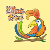 Funny cute exotic hand drawn childish character of toucan  on branch. Design can be used for fashion t-shirt, greeting card, baby shower. vector