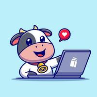 linda vaca trabajando en ordenador portátil dibujos animados vector icono ilustración. animal tecnología icono concepto aislado prima vector. plano dibujos animados estilo