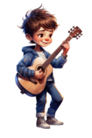 ai gerado desenho animado Garoto jogando guitarra, fofa pequeno Garoto jogando música, transparente fundo png