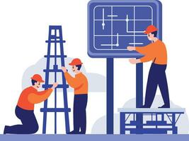 Hand Drawn Engineer installing solar cells in flat style vector