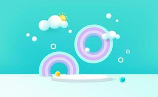 3D rendering podium with color pastel background, clouds and weather with space for kids or baby product vector