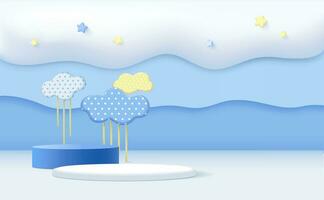 3D rendering podium with color pastel background, clouds and weather with space for kids or baby product vector