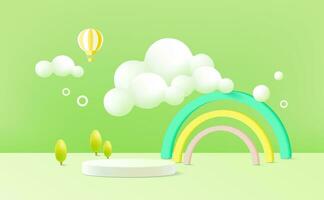 3D rendering podium kid style with color pastel background, clouds and weather with space for kids or baby product vector