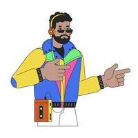 africano americano hombre Años 80 dedo pistolas gesto 2d lineal dibujos animados personaje. negro barbado masculino aislado línea vector persona blanco antecedentes. 90s nostalgia estilo de vida color plano Mancha ilustración