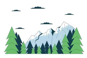 Scenery mountain range pine trees line cartoon flat illustration. Ski resort summit 2D lineart landscape isolated on white background. Clouds above mountains springtime scene vector color image