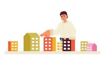 Eyeglasses man pointing apartment building unit 2D cartoon character. Glasses asian guy purchaser isolated vector person white background. Korean male buying house color flat spot illustration