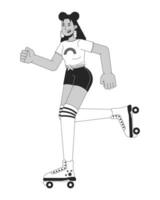 Roller disco girl black and white cartoon flat illustration. 1980s rollerblading latina woman with knee high socks 2D lineart character isolated. Nostalgia monochrome scene vector outline image