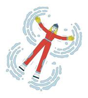 Winter outerwear woman making snow angel 2D linear cartoon character. Caucasian female playing in snow isolated line vector person white background. Wintertime leisure color flat spot illustration