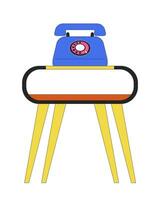 Retro telephone table stand 2D linear cartoon object. Vintage dial phone standing on nightstand isolated line vector element white background. Telecommunication old color flat spot illustration