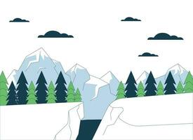 Snowboard jump area mountainside line cartoon flat illustration. Mountain sports 2D lineart landscape isolated on white background. Wintertime ski resort destination scene vector color image