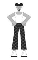 Two buns woman african american power posing black and white 2D line cartoon character. Black young adult female isolated vector outline person. Confident standing monochromatic flat spot illustration