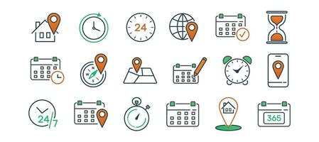Time, date, location icon set. Place, home, yearly, compass, map, mark, round the clock vector illustration. Editable stroke