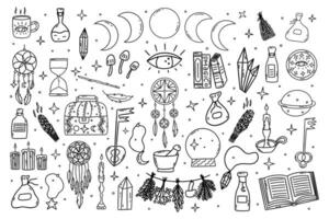 Set of magical elements. Black and white vector