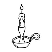 Burning candle in antique candlestick with handle. Vector